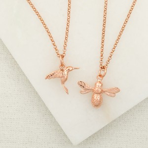 Lily Charmed Rose Gold Bee and Humingbird Necklace Group Shot 